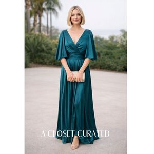 Mac Duggal Satin Flutter Sleeve Gown 2 Teal Blue NWT Style 56038